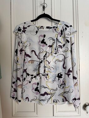 Halogen White Blouse with Purple, Black & Yellow Abstract Print